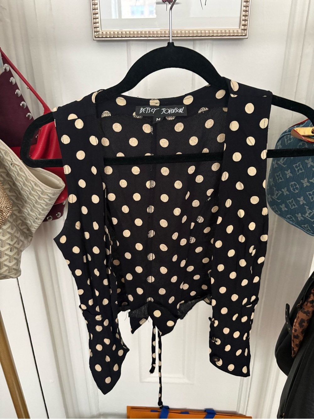 Betsey Johnson Black Vest Top with Cream Polka Dots and Tie-Back